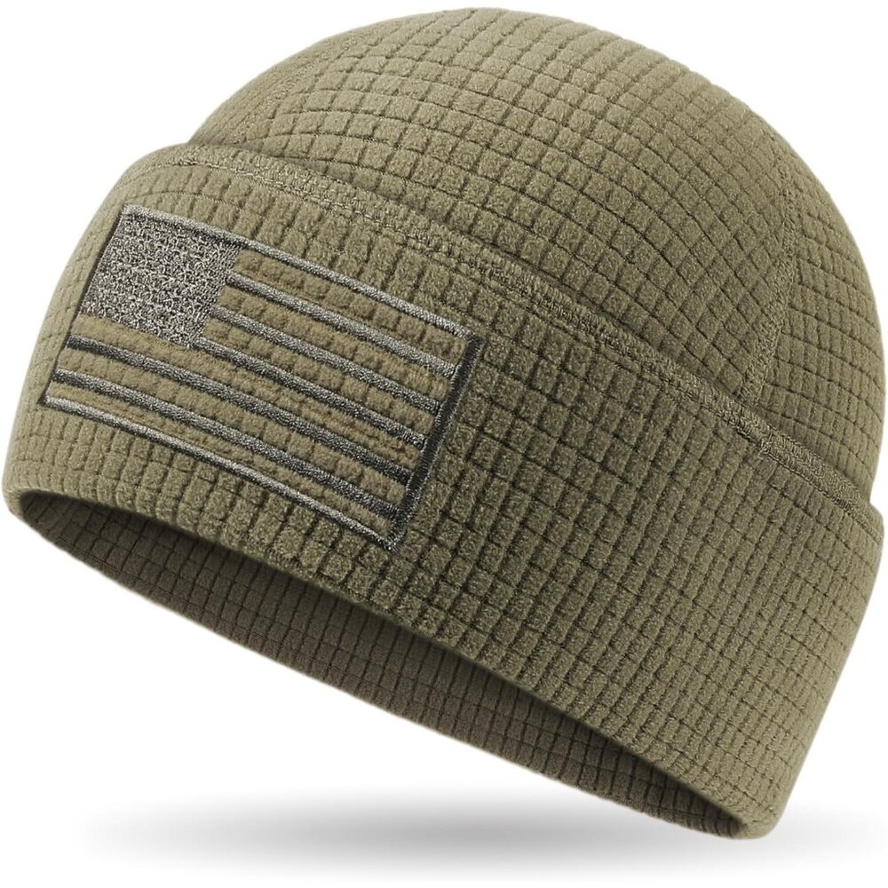 Grid Fleece Cuffed Beanie with American Flag Embroidery Leather, Waffle Tactical